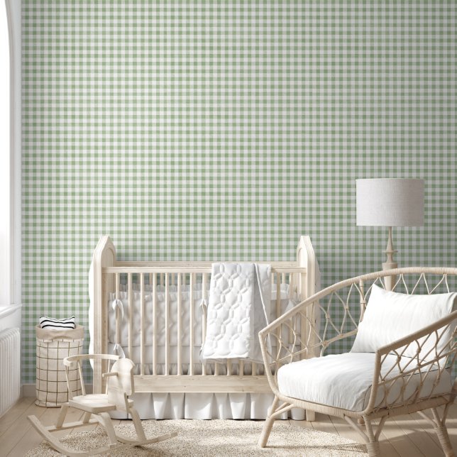Neutral Sage Green Small Gingham Pattern Wallpaper (Kids)