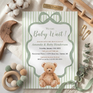 Neutral Sage Green Teddy Bear Baby Shower Invitation