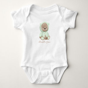 Neutral Sage Green Teddy Bear Personalised Name Baby Bodysuit
