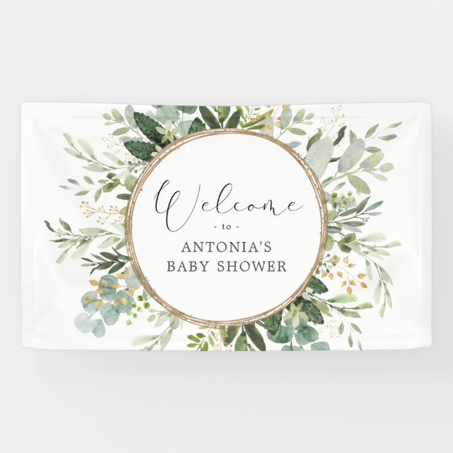 Neutral Sage Greenery Gold Baby Shower Welcome Banner (Horizontal)