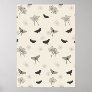 Neutral Sage Moth Butterfly Botanical Pattern Art Poster