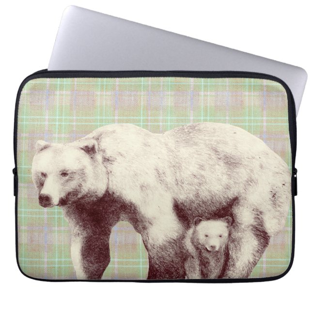  Neutral Sage Plaid Bear Laptop Sleeve (Front)