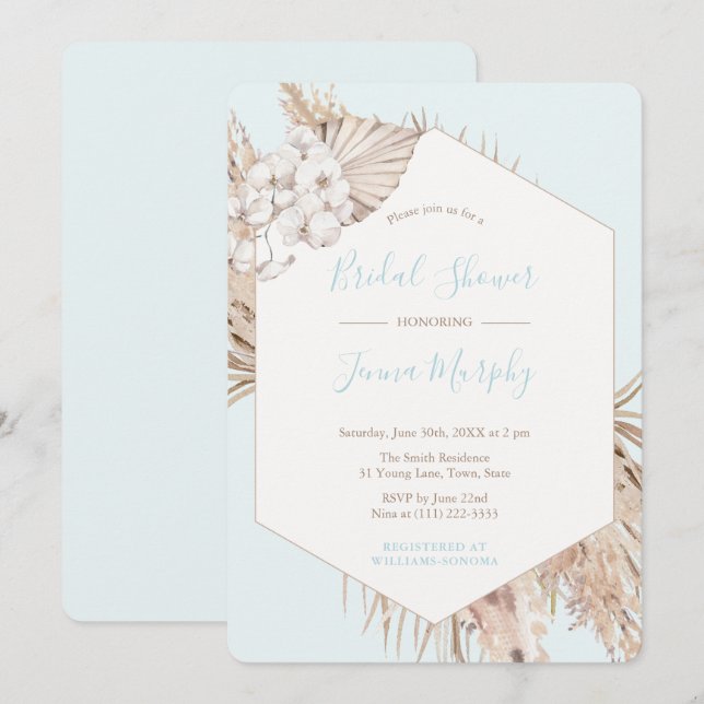 Neutral Sand & Aqua Dried Palm Leaf Bridal Shower Invitation (Front/Back)