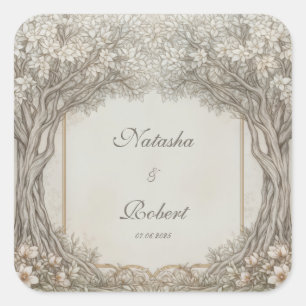 Neutral Sepia Engraved Woodland Tree Arch Wedding Square Sticker