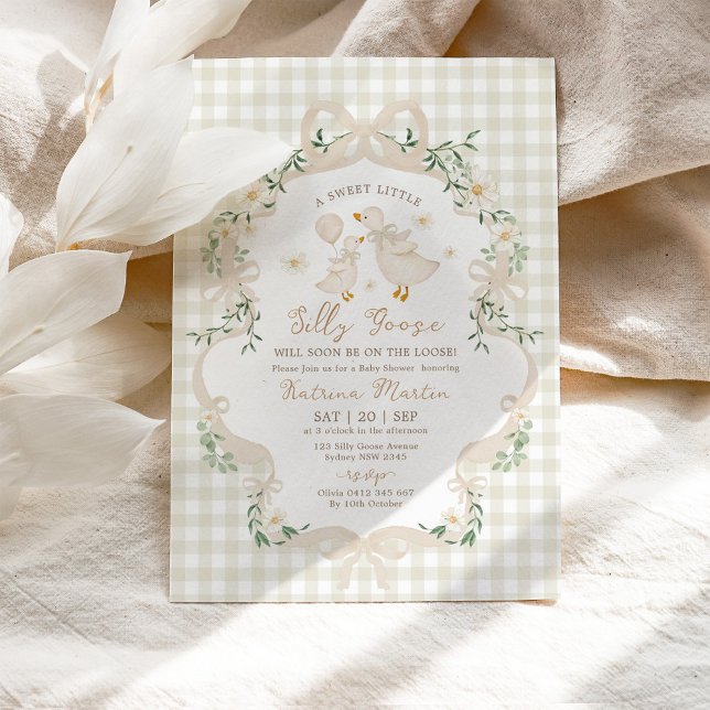 Neutral Silly Goose Beige Bow Gingham Baby Shower Invitation (Creator Uploaded)