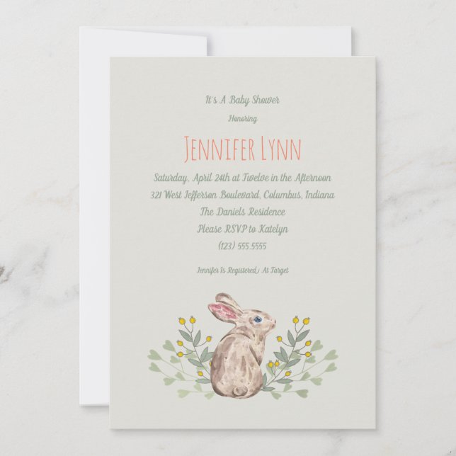 Neutral Spring Woodland Bunny Baby Shower Invite (Front)