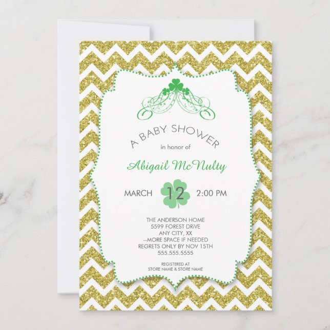 NEUTRAL St Patrick's Day Baby Shower gold glitter Invitation (Front)