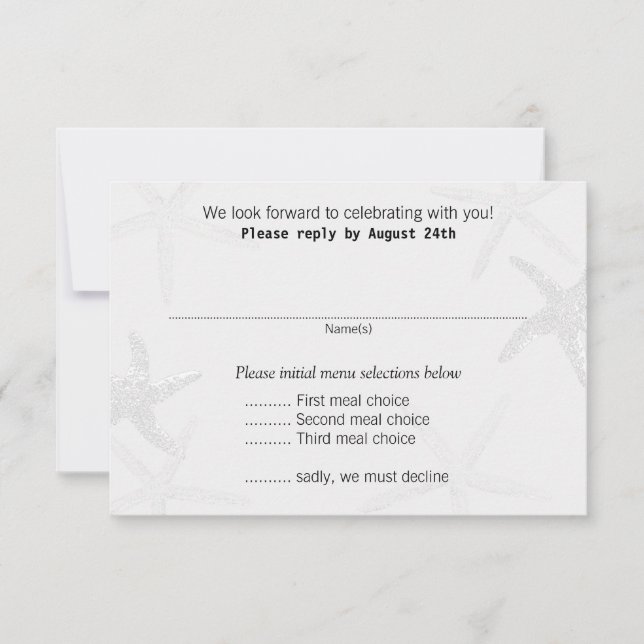 Neutral Starfish Beach Wedding Menu Reply Cards (Front)