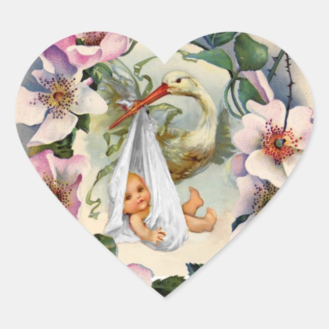 NEUTRAL STORK BABY SHOWER PINK WILD ROSES CROWN HEART STICKER (Front)