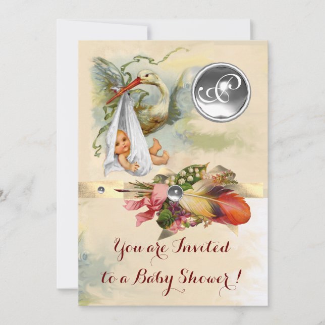 NEUTRAL STORK BABY SHOWER WHITE GEMSTONE MONOGRAM INVITATION (Front)