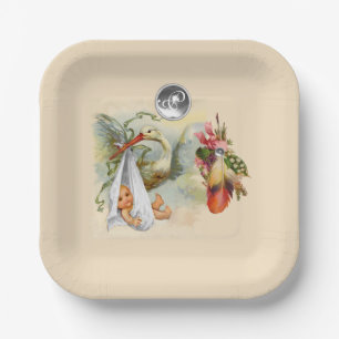NEUTRAL STORK BABY SHOWER WHITE GEMSTONE MONOGRAM PAPER PLATE