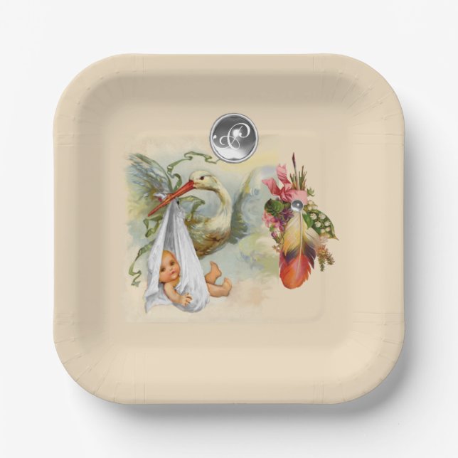 NEUTRAL STORK BABY SHOWER WHITE GEMSTONE MONOGRAM PAPER PLATE (Front)