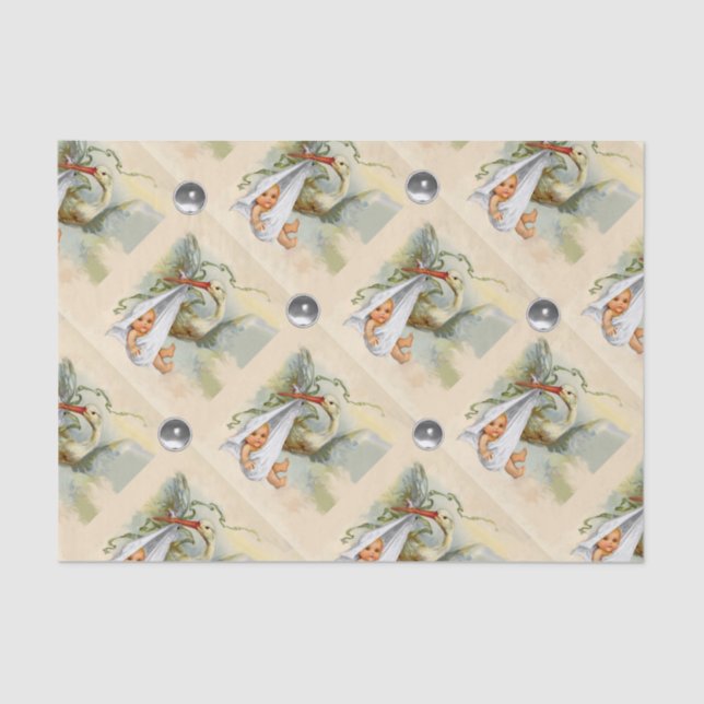 NEUTRAL STORK BABY SHOWER WHITE GEMSTONES TISSUE PAPER (Front)