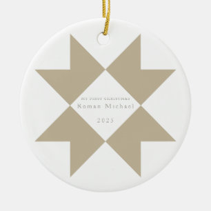 Neutral Stripe Quilt Star My First Christmas Ceramic Tree Decoration
