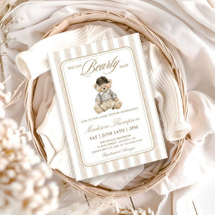 Neutral Stripes Preppy Teddy Bear Baby Shower Invitation