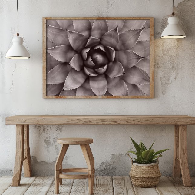 Neutral Succulent Botanical Close-Up Wall Art (Modern Dusty Blush Succulent Botanical Art Poster in a wooden frame in a boho neutral room.)