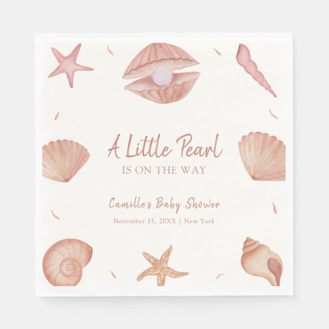 Neutral Summer Ocean Seashell Pearl Baby Shower  Napkin (Front)