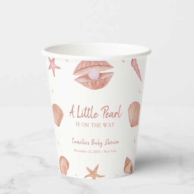 Neutral Summer Ocean Seashell Pearl Baby Shower  Paper Cups (Front)