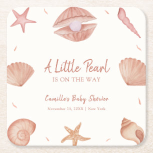 Neutral Summer Ocean Seashell Pearl Baby Shower Square Paper Coaster