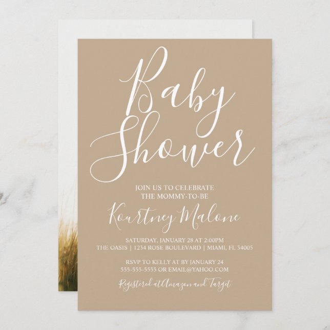 Neutral Tan Baby Shower Photo Invitation (Front/Back)