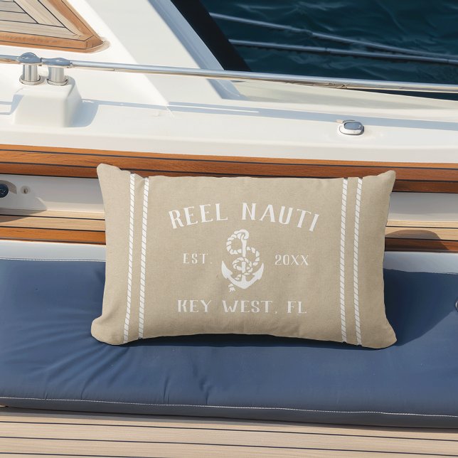 Neutral Tan Beige Personalised Boat Name Anchor Lumbar Cushion (Creator Uploaded)