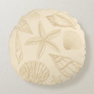 Neutral Tan Beige Seashell Shells Beach House Round Cushion