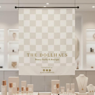 Neutral Tan Checkered Business Name Table Runner Tapestry