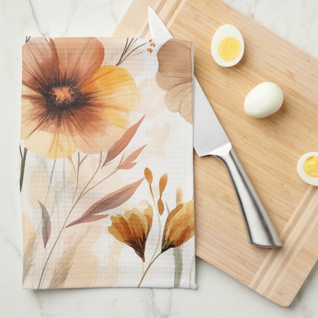 Neutral Tan Flowers Watercolor Blooms Elegant  Tea Towel (Quarter Fold)