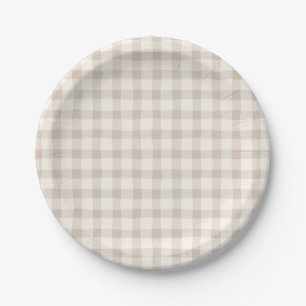 Neutral Tan Gingham Paper Plate