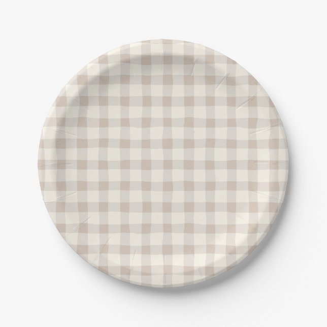 Neutral Tan Gingham  Paper Plate (Front)