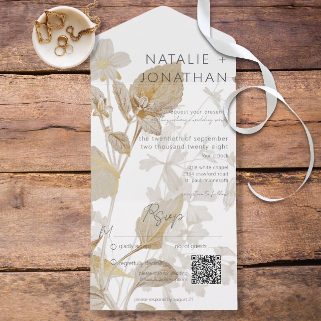 Neutral Tan Wildflowers Modern QR Code All In One Invitation (Creator Uploaded)