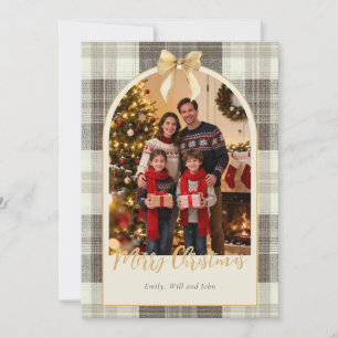 Neutral Tartan Bow Christmas One Photo Holiday Card