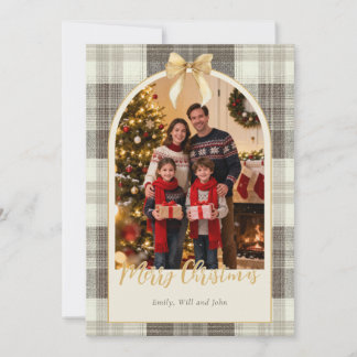Neutral Tartan Bow Christmas One Photo Holiday Card