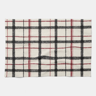 Neutral tartan white black and red tea towel