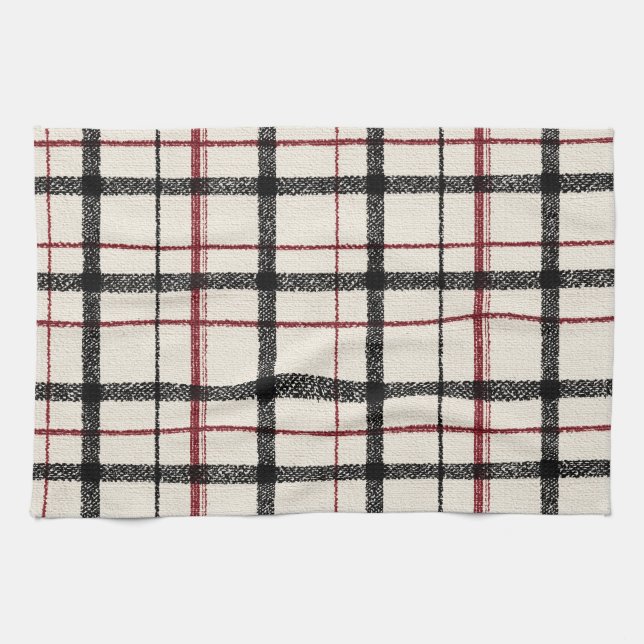 Neutral tartan white black and red tea towel (Horizontal)