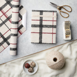 Neutral tartan white black and red wrapping paper