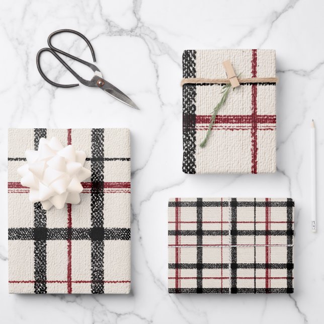 Neutral tartan white black and red wrapping paper sheet (Front)