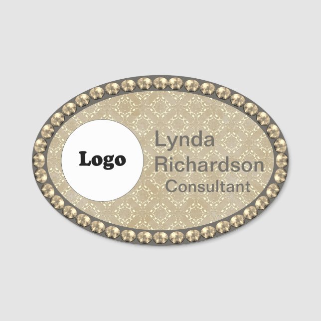 Neutral Taupe and Gold Bling NAME TAG (Front)