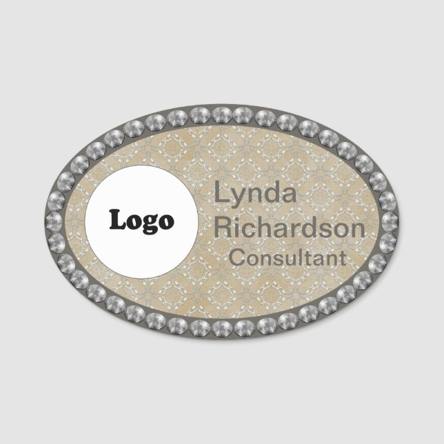 Neutral Taupe Beige and Silver Bling NAME TAG (Front)