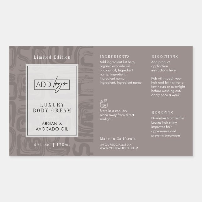 Neutral Taupe Beige Boho Logo 4OZ Cosmetic Bottle Rectangular Sticker (Front)