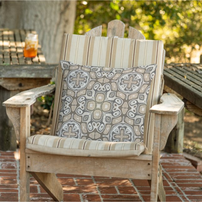Neutral Taupe Brown Grey Beige Ivory Tribal Art Cushion (Chair)