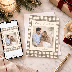 Neutral Taupe Cream Plaid Tartan Photo Christmas Holiday Card