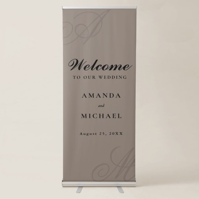 Neutral Taupe Elegant Monogram Wedding Retractable Banner (Front)