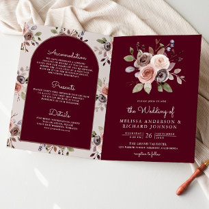Neutral Taupe Floral QR Code Burgundy Wedding Invitation