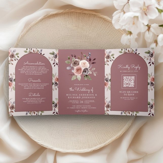 Neutral Taupe Floral QR Code Dusty Rose Wedding Tri-Fold Invitation (Creator Uploaded)