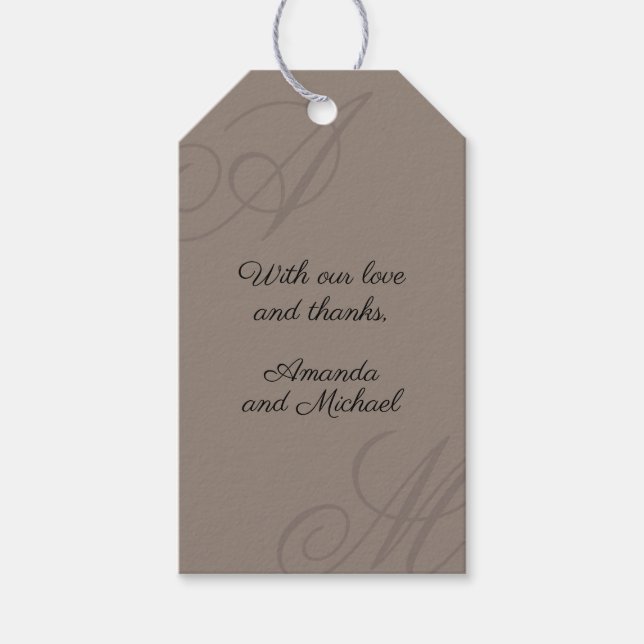 Neutral Taupe Modern Edge Elegant Monogram Wedding Gift Tags (Front)