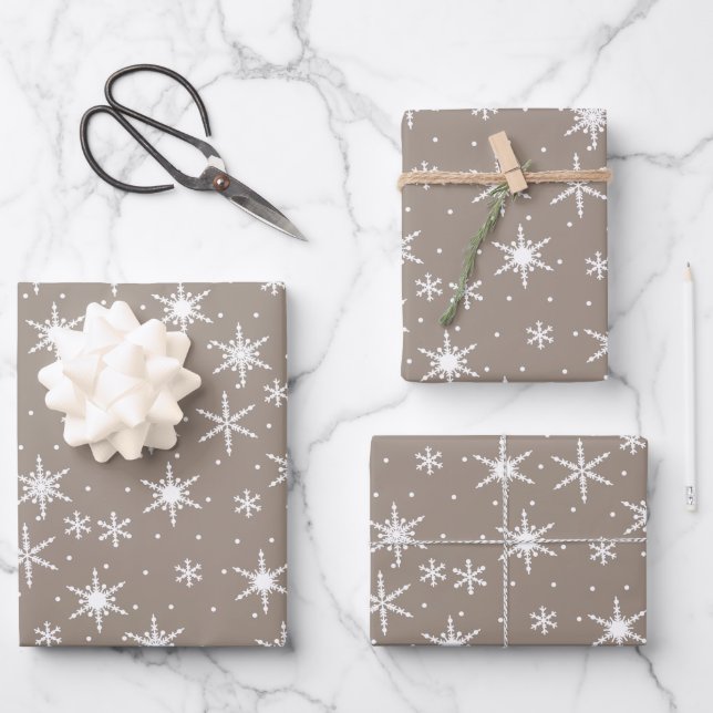 Neutral Taupe Winter Holiday Snowflake Pattern Wrapping Paper Sheet (Front)