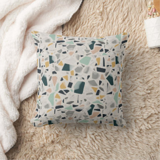 Neutral Teal and Mustard Terrazzo Speckled Stone Cushion