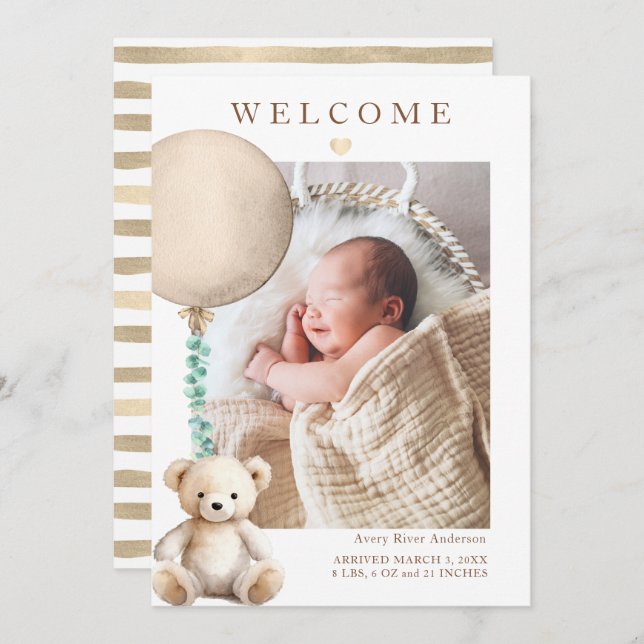 Neutral Teddy Bear Baby Photo Birth Announcement (Front/Back)