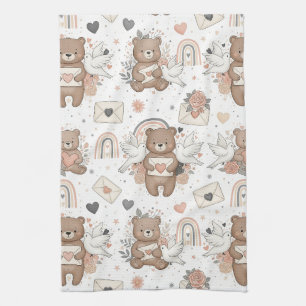 Neutral Teddy Bear Baby Shower Pattern Tea Towel